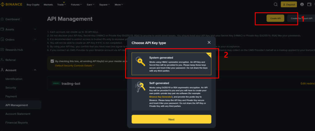 바이낸스 API KEY 발급 화면
